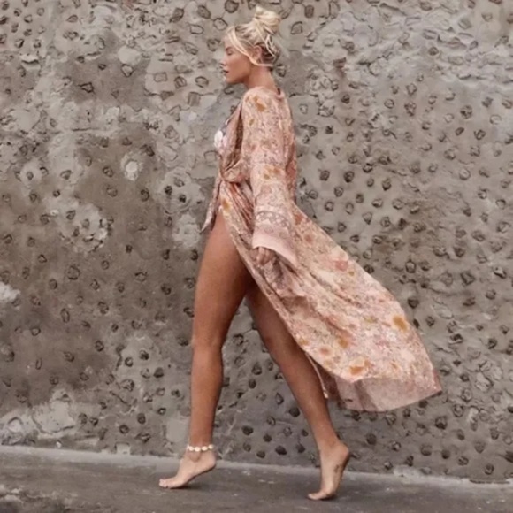 Pink Bohemian Floral Maxi Duster Kimono Wrap Robe-L - Picture 5 of 15